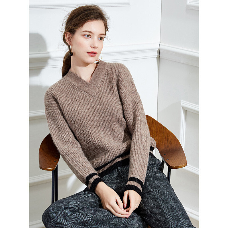 德玛纳2018冬季时尚V领慵懒气质毛衫女针织衫女打底衫女卡其 L 默认颜色