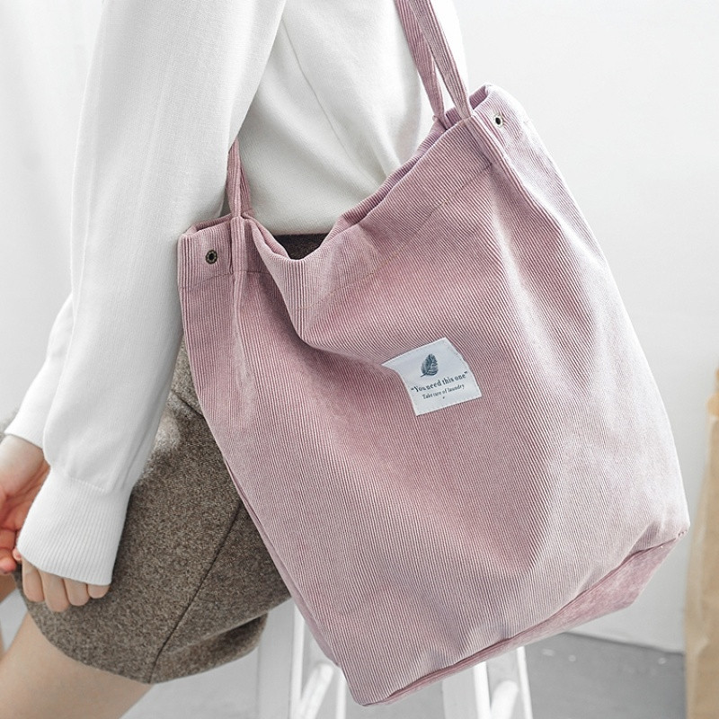 韩版慵懒风小清新复古灯芯绒女单肩包文艺森系chic手提袋帆布包_2 灯芯绒单肩包藕粉