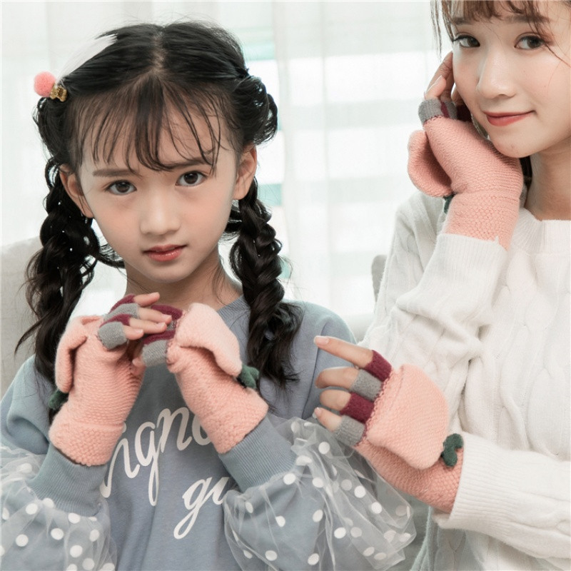 手套女冬翻盖魔术保暖半指半截露漏指头手袜可爱毛线学生保暖厚潮_1 粉红色【儿童款】豆芽翻盖半指两用
