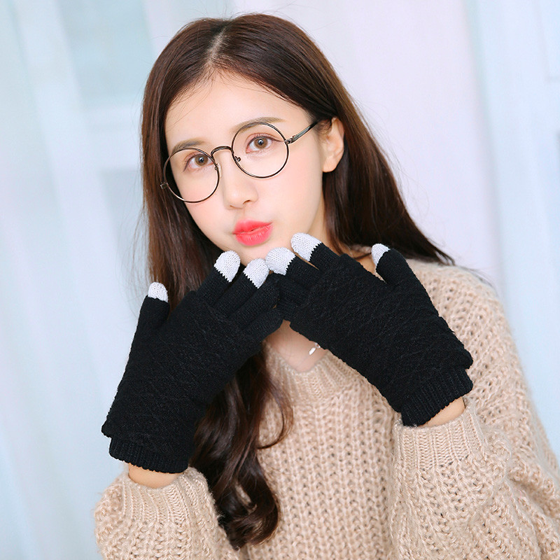 手套女冬季韩版可爱日系卡通学生保暖露指翻盖毛线半指秋冬天手套_2 无毛球-黑色
