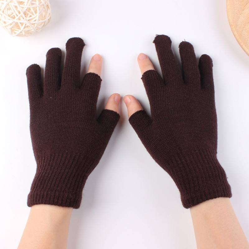 半指手套男女士保暖毛线漏二指学生写字工作骑行车露手指头秋冬季_2 全咖色纯色二指