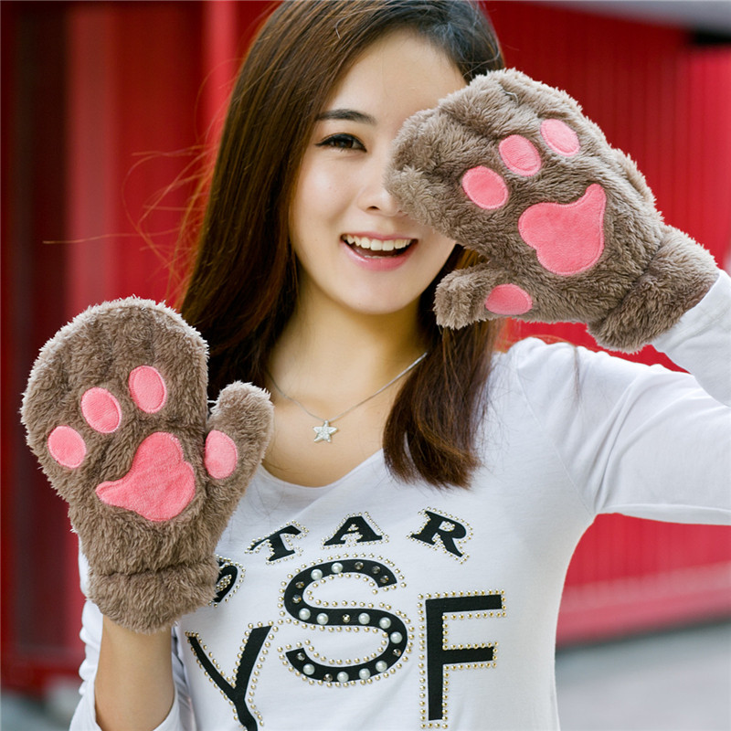 2018新熊掌暴爪手套秋冬女可爱卡通绣花猫爪半指加绒手套加厚保暖_2 c040全指卡其