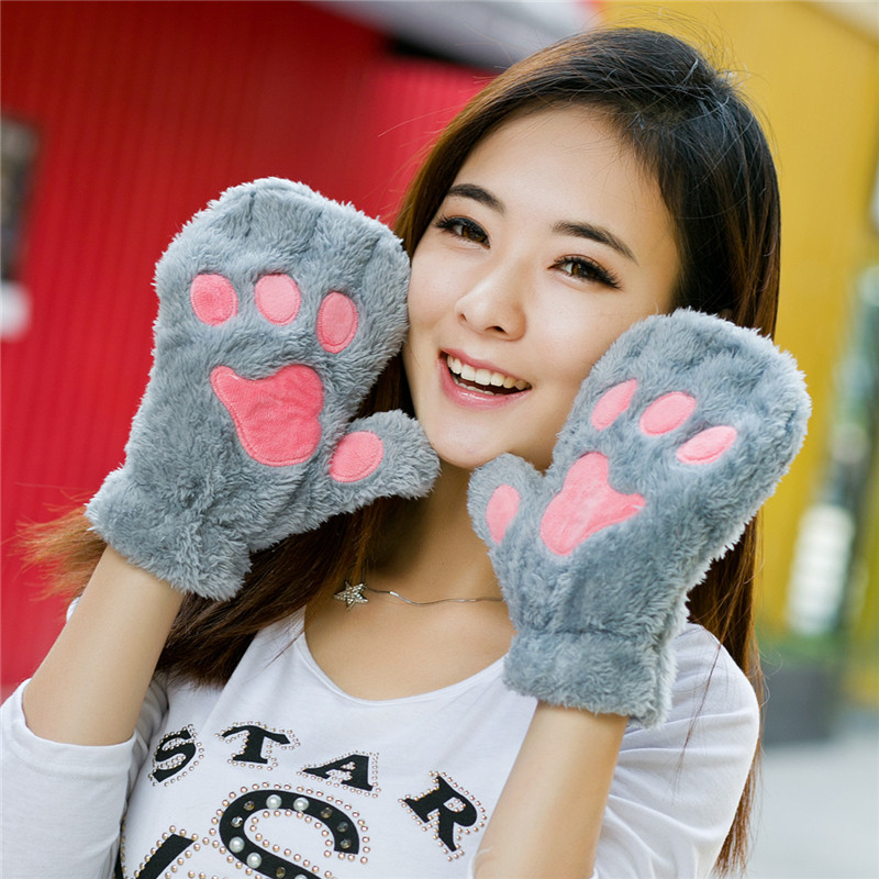 2018新熊掌暴爪手套秋冬女可爱卡通绣花猫爪半指加绒手套加厚保暖_2 c040全指灰色