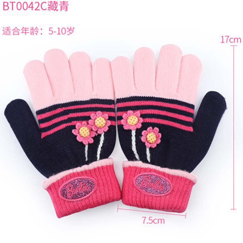 儿童手套冬女童手套女孩保暖可爱毛线五指小学生宝宝手 套简约清新婴童手套 适合5-10岁 BT0042C藏青