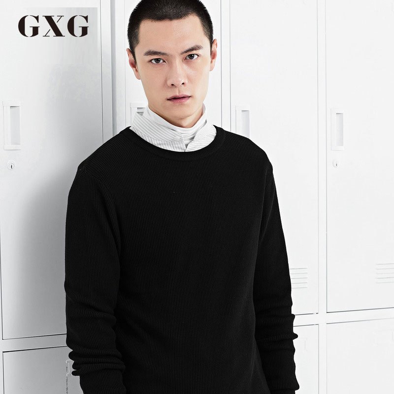 GXG毛衫男装秋装男士青年潮修身时尚休闲都市流行黑色圆领针织衫_2 185/XXL 黑色