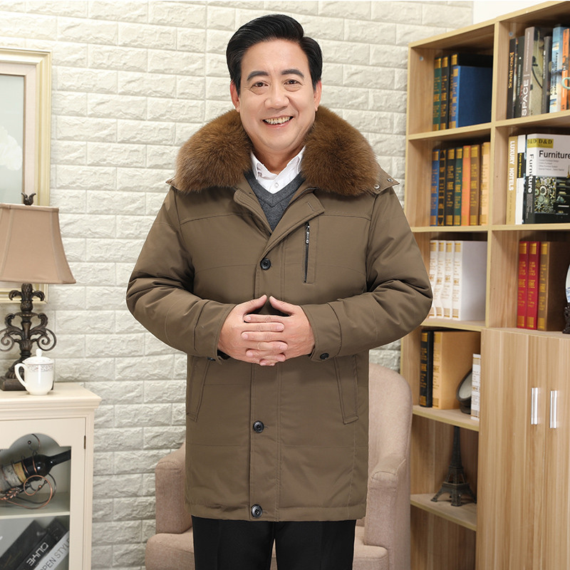 战地吉圃男士保暖羽绒服狐狸毛领中长款活里活面可拆卸爸爸装冬款工作服户外舒适羽绒大衣 卡其色 4XL