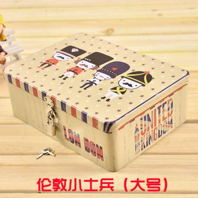 创意小清新带锁收纳铁盒桌面收纳整理储物盒半岛铁盒密码盒_9_9 大号-伦敦士兵