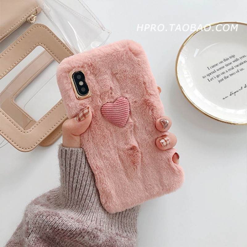 爱心毛绒壳8plus苹果x手机壳XSMax/XR/iPhoneX/7p/6女iphone iPhoneXR粉色