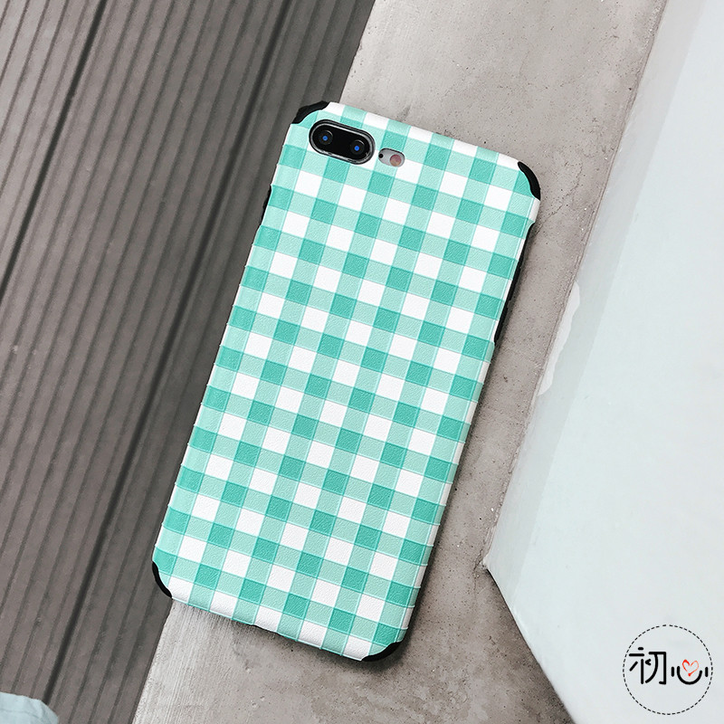 韩风清新文艺格子XS苹果X手机壳iPhone8plus浮7plus软壳6sp女款 6/6s(小屏)蚕丝纹绿白格子tpu软壳