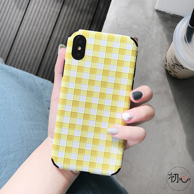 韩风清新文艺格子XS苹果X手机壳iPhone8plus浮7plus软壳6sp女款 苹果7/8(小屏)蚕丝纹黄白格子tpu软壳