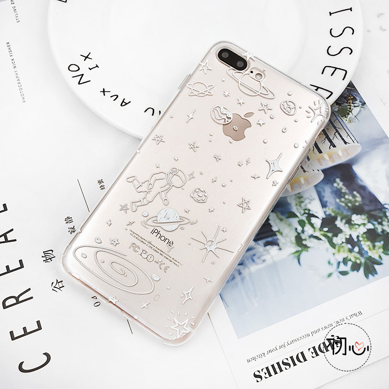创意星空宇航员iPhoneXS手机壳苹果8/7plus个性X透明全包软壳6s萌 6plus(大屏)透明-白色宇航员tpu软壳