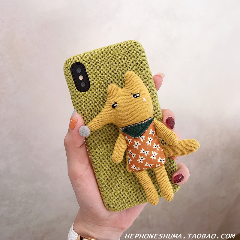 韩风立体布艺小狐狸公仔6splus苹果x手机壳iPhone7/8plus棉麻软壳_1 7/8PLUS芥末黄棉麻小狐狸