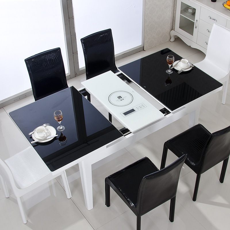 钢化玻璃实木餐桌伸缩餐桌椅组合长方形小餐桌电磁炉大小户型简约_399_79 小款普通桌