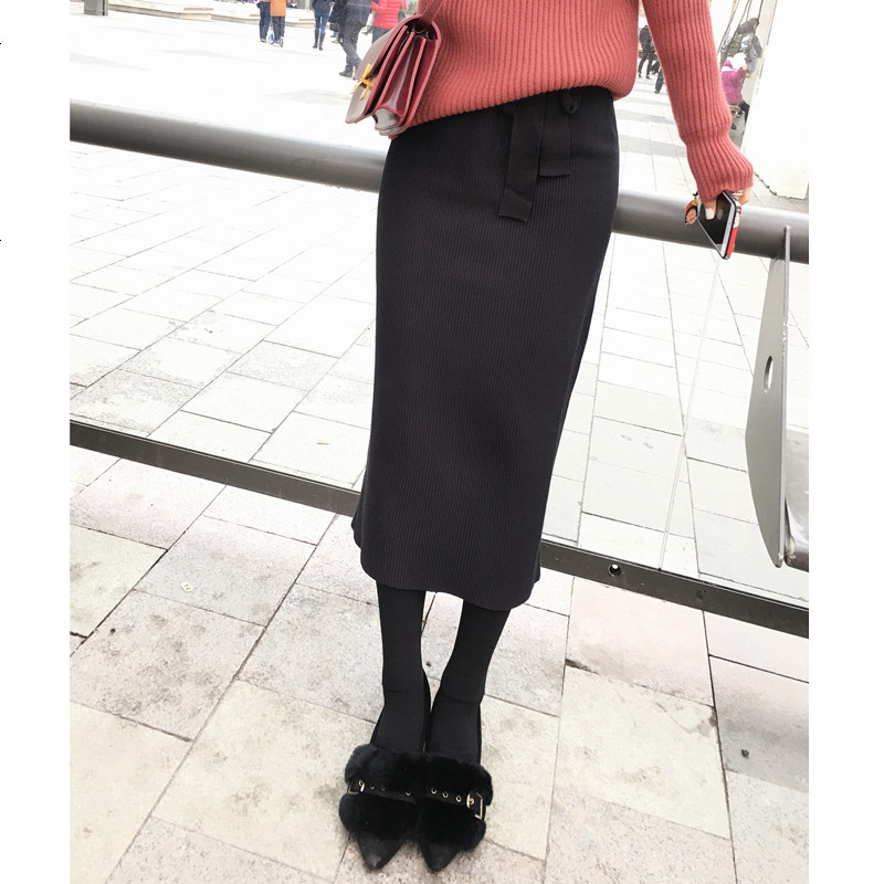 谜秀 chic早秋针织半身裙女秋冬装2018新款ins超火中长款包臀裙_866_322 F 黑色
