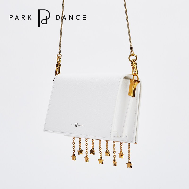 parkdance女包流苏链坠简约方形斜跨单肩膀包小包细金链风琴包 白色