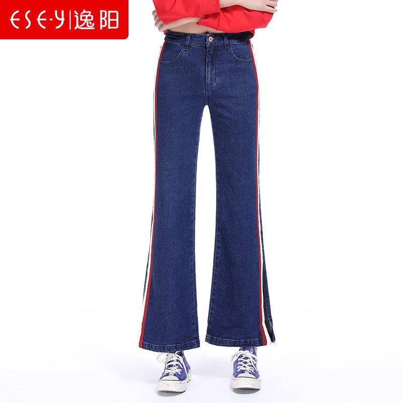 女裤2018秋季新款侧边织带开叉九休闲微喇牛仔女喇叭裤72162 27/9 牛仔蓝