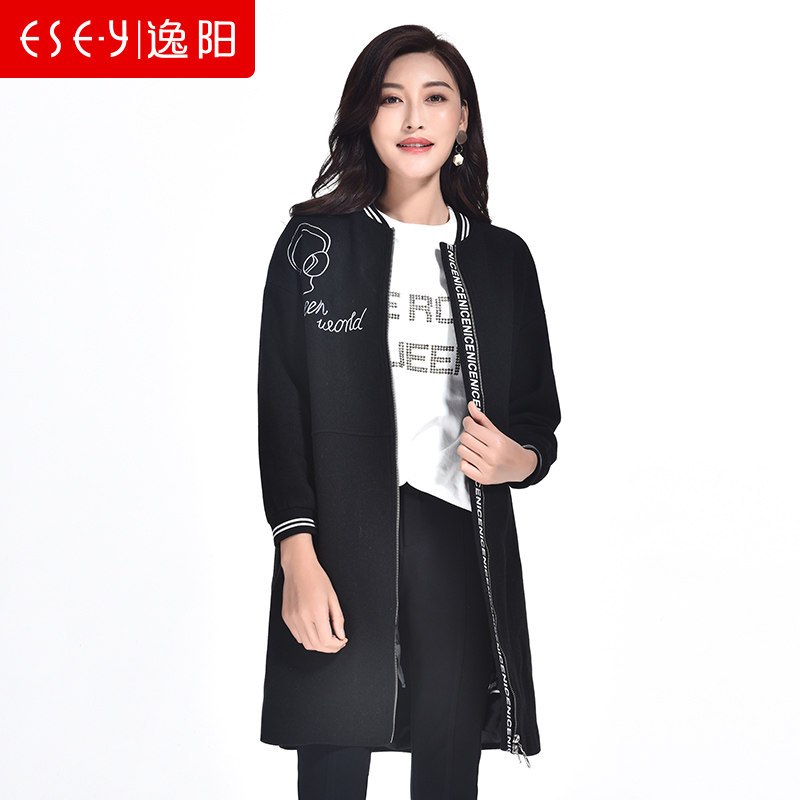 女装秋冬新款2018羊毛中长款宽松上衣外套 L 黑色