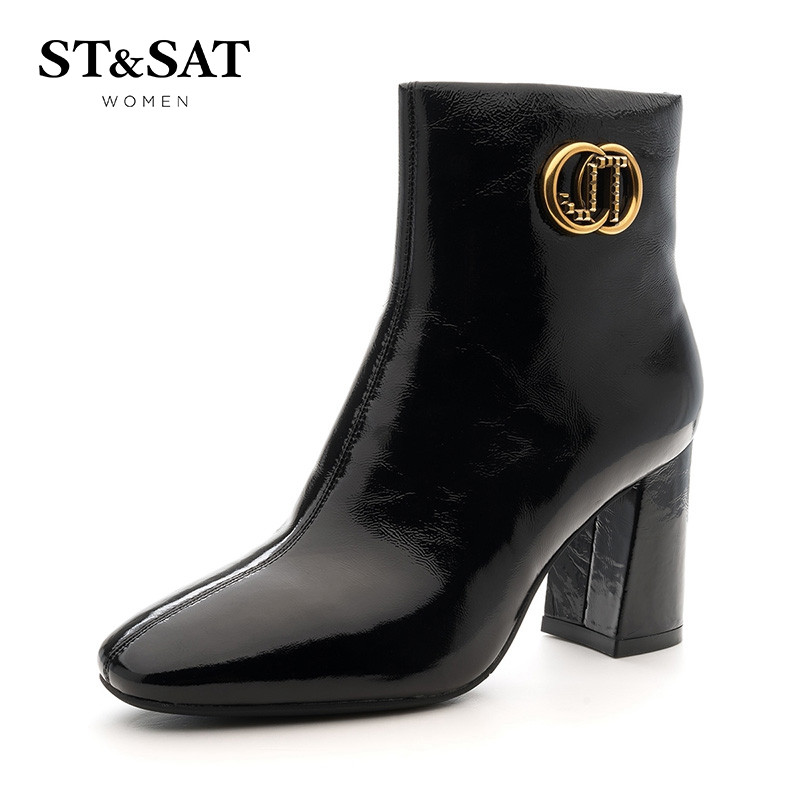 星期六(ST&SAT)冬季专柜同款金属装饰高跟粗跟时尚短靴女SS84116069 黑色（牛漆皮） 39码