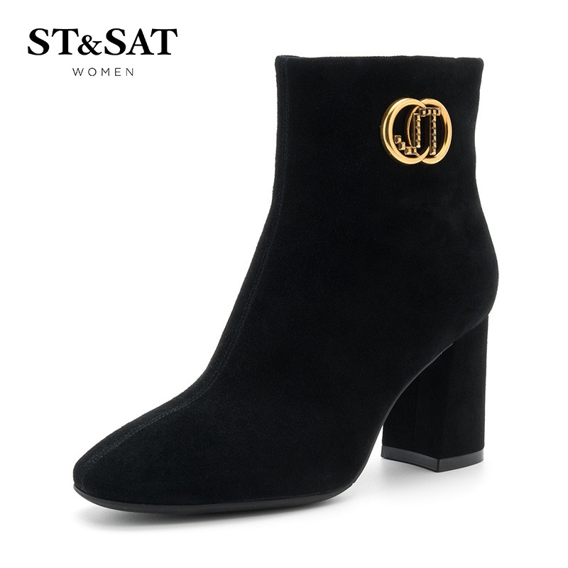 星期六(ST&SAT)冬季专柜同款金属装饰高跟粗跟时尚短靴女SS84116069 黑色（羊反绒） 39码