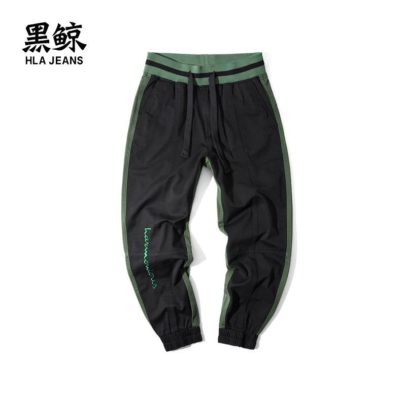 黑鲸HLAJEANS阴阳双拼休闲裤男2019春季字母刺绣裤子男海澜之家旗下潮牌 170/74A 黑色01