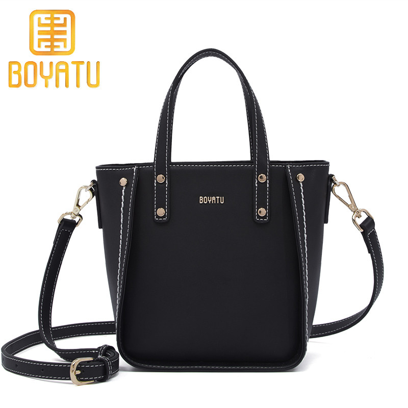 柏雅图（Boyatu）水桶包2018新款牛皮手提包时尚休闲斜挎包女包 雅典黑