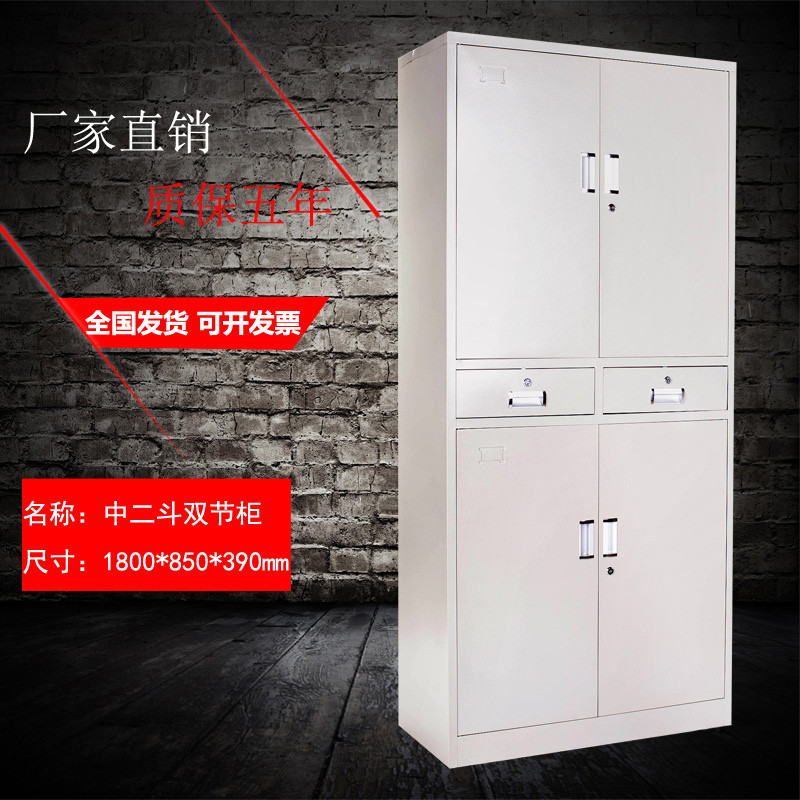 南京加厚文件柜铁皮柜钢制凭证柜资料柜员工更衣柜玻璃书柜档案柜_733_751 中二斗双节柜_0.6mm