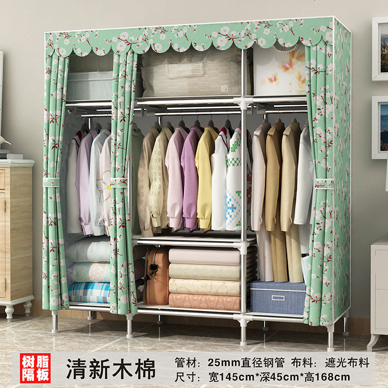 不锈钢简易衣柜布衣柜钢管加粗加固衣柜简约现代经济型布艺衣柜_402_534 R10清新木棉【145cm】不锈钢管