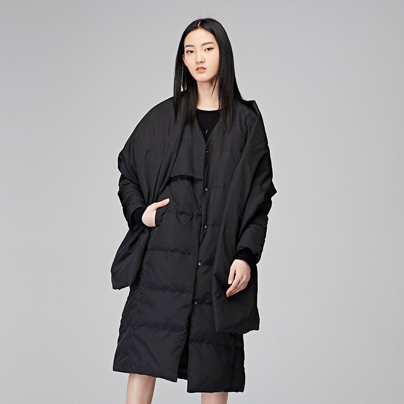 sdeer圣迪奥女2018冬装气质保暖长款两件套披肩+羽绒服_2 S 91/黑色