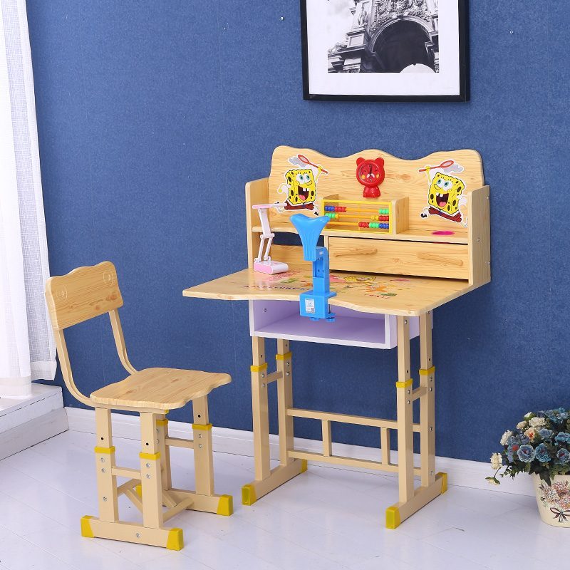 学习桌儿童书桌简约家用小学生写字桌椅套装课桌书柜组合女孩男孩_219_269 藕色_14木+矫正台灯