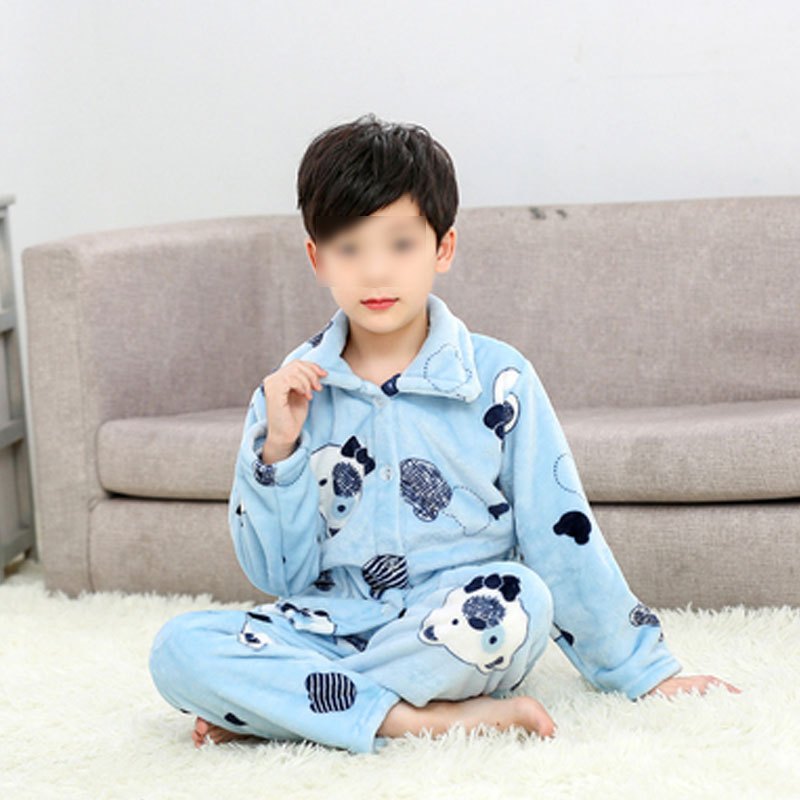 春秋儿童睡衣法兰绒冬季女童男童装家居服宝宝小孩保暖套装简约清新儿童家居服 22号155CM 藏青色-L46新蓝熊