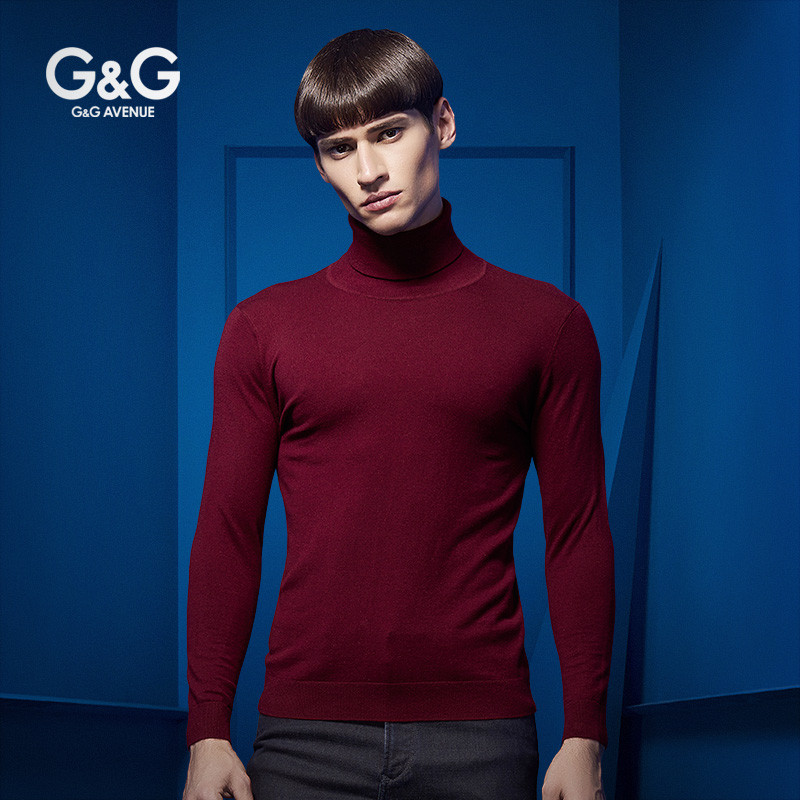 G&G男士秋季高领毛衣男潮黑色纯色修身韩版冬季男装长袖打底衫针织衫GM1551-GG XXL 红色