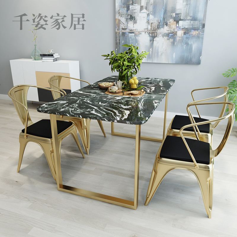 北欧大理石餐桌长方形实木铁艺金色餐桌椅组合现代简约奶茶咖啡桌_782_526 支持定制尺寸，坐垫颜色