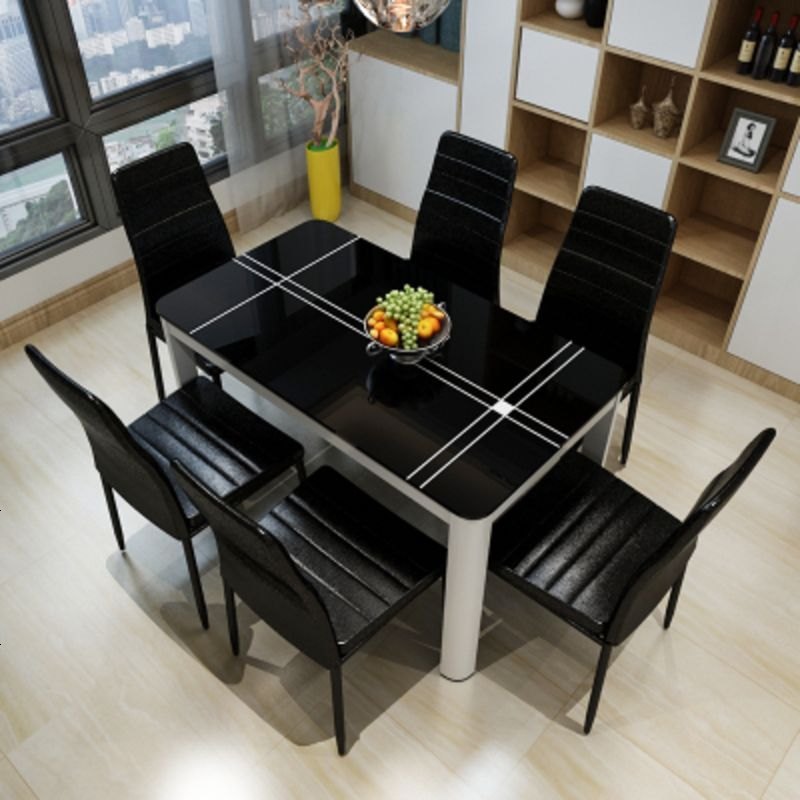 餐桌现代简约钢化玻璃小户型饭桌长方形洽谈家用烤漆餐桌椅组合_566_360 黑面+白腿120*70*75+6椅（直腿）