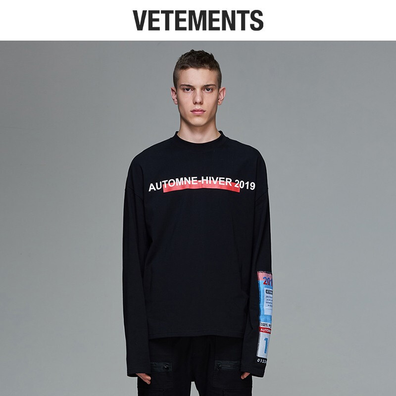 vetements长袖T恤男衣服秋装打底衫长袖2018新款上衣oversize字母印花 L 黑色
