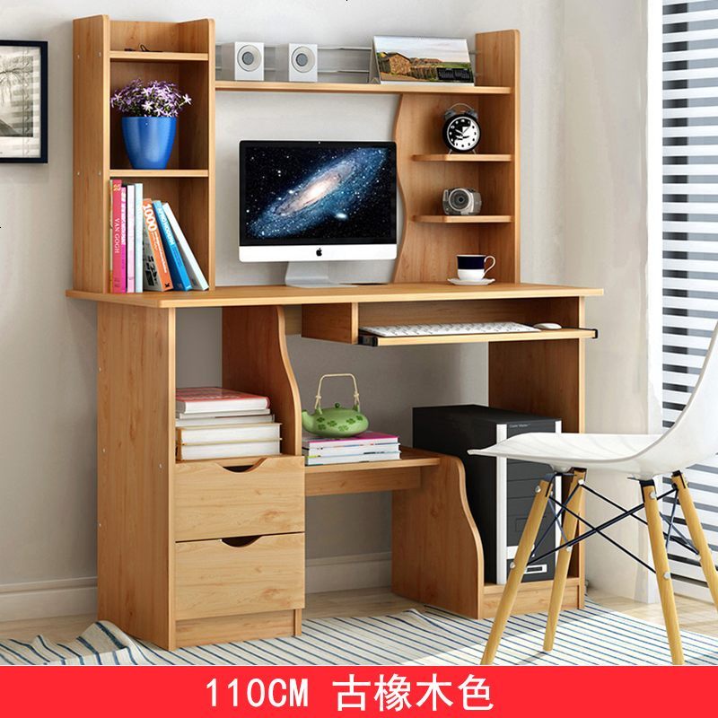 电脑台式桌家用简约组装桌子卧室单人书桌书架组合简易学生写字桌_426_281 110cm带书架古橡木