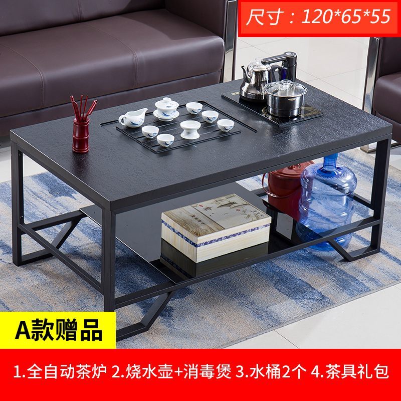 简约现代大理石功夫茶几创意火烧石泡茶桌玻璃铁艺带茶炉办公茶台 组装_A款1.2米全自动茶炉