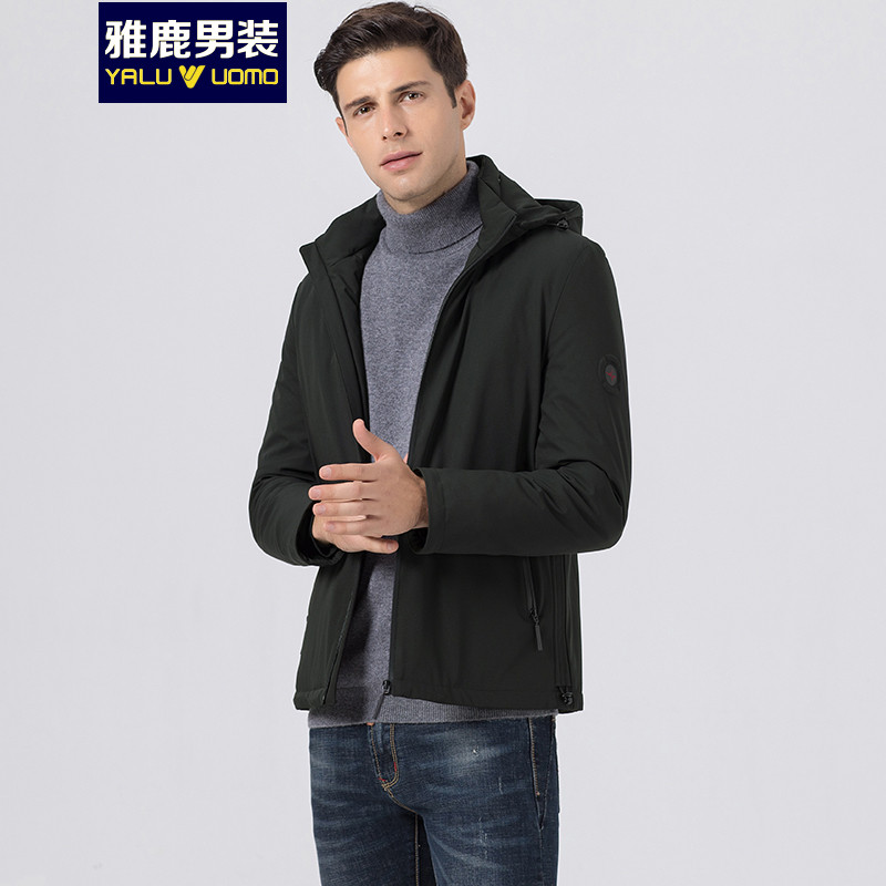 雅鹿男装羽绒服男短款冬季青年连帽外套时尚保暖上衣S39EDYA18085 185/XXL 军绿