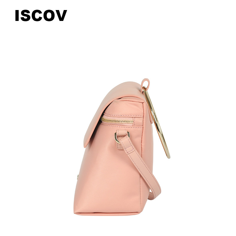 ISCOV时尚金属环小方包女2018新款包包真皮单肩手提斜挎包 果粉色