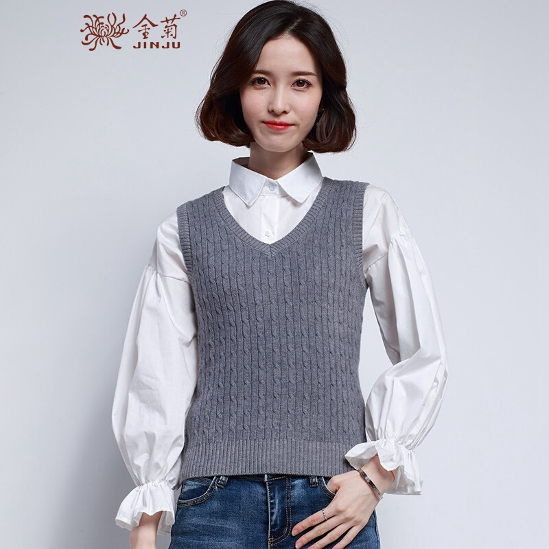 金菊女装秋冬V领毛衣韩版修身针织衫纯羊毛背心羊毛衫_1 105/XL 烟灰