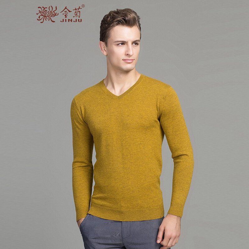 金菊男士纯色V领100%纯羊毛衫韩版修身针织衫青年休闲套头毛衣打底衫 120 黄色
