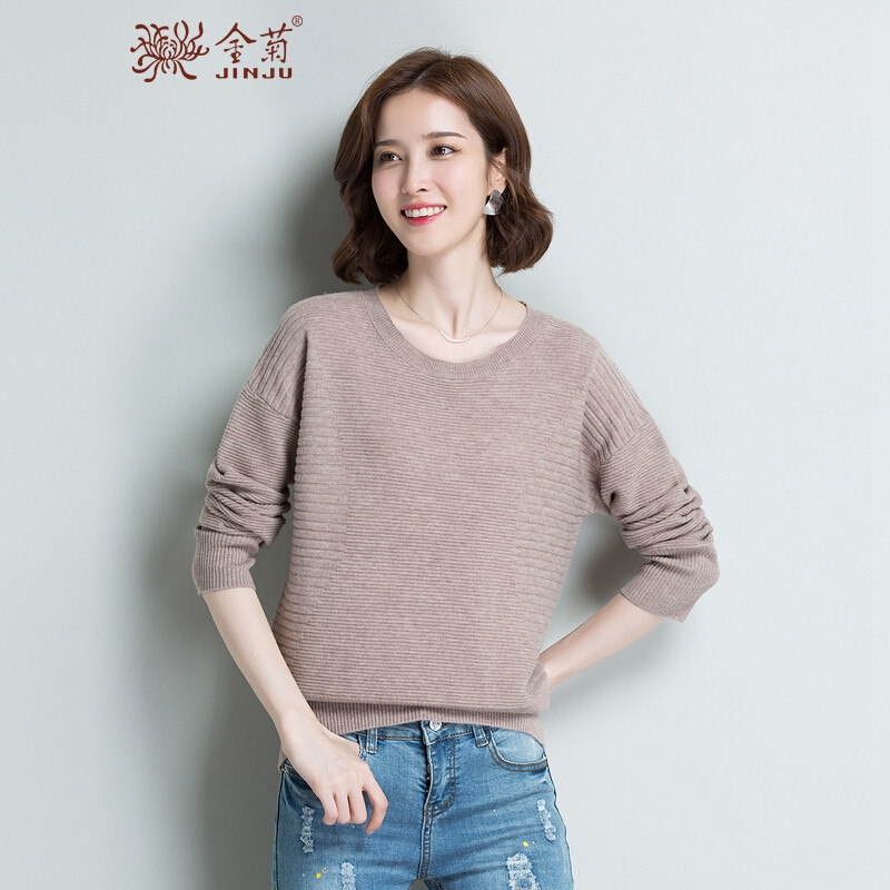 金菊女装2018冬季新款纯羊毛毛衣女士圆领羊毛衫宽松显瘦针织衫女长袖套头毛衣 L 驼色