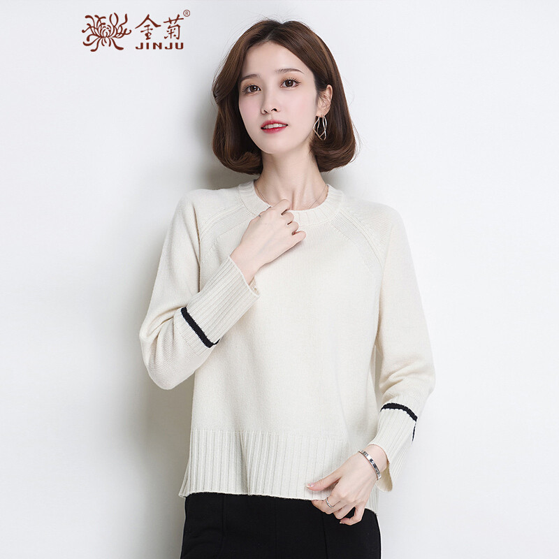 金菊春季女士纯羊毛毛衣宽松显瘦打底衫女圆领毛衣时尚百搭套头针织衫女 白色 XL