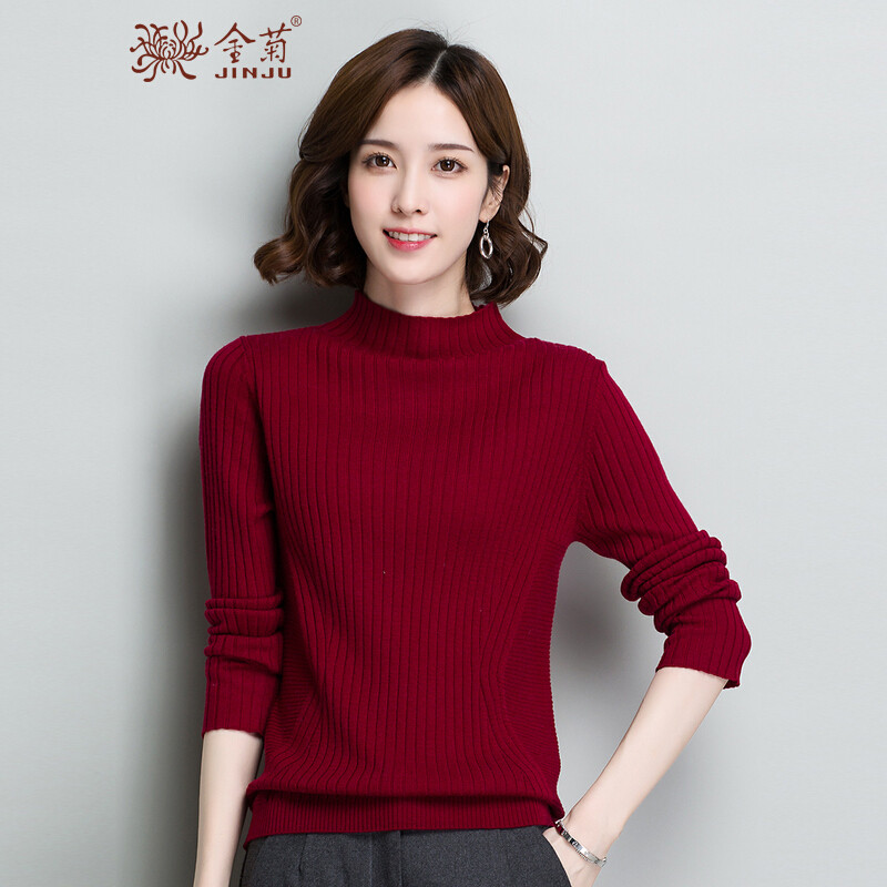 金菊2018冬季新款女士纯羊毛毛衣修身显瘦打底衫女半高领针织衫长袖套头毛衣女 酒红 M