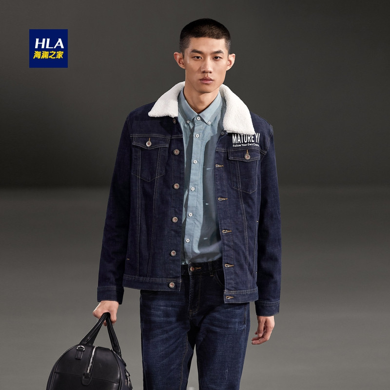 HLA海澜之家羊羔毛领牛仔外套2018冬季后背图案牛仔外套男 170/88A/M 牛仔蓝26