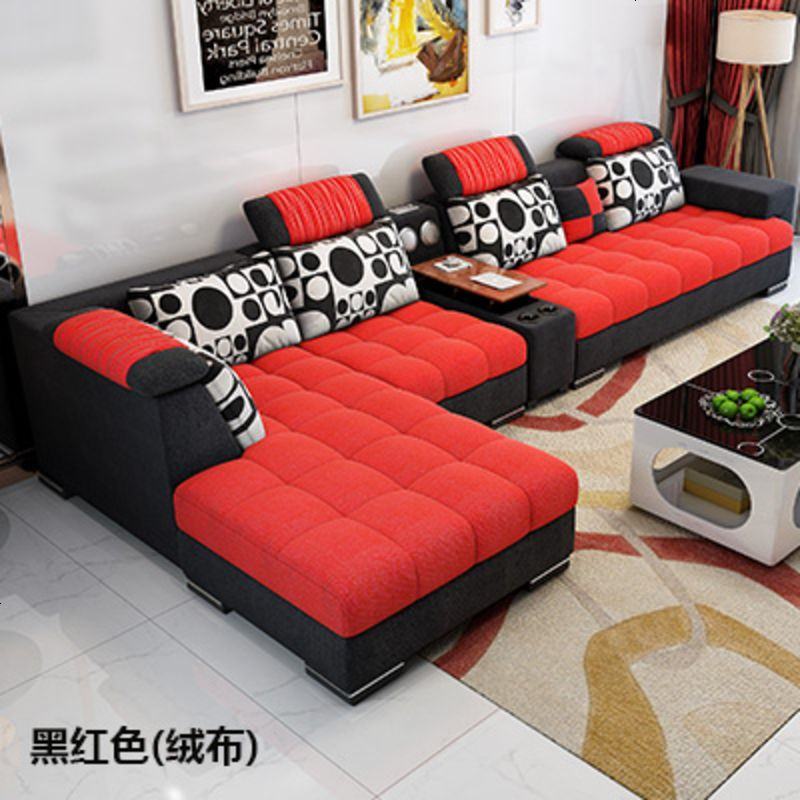 布艺沙发组合可拆洗简约现代客厅贵妃布沙发大小户型乳胶整装家具_879_960 单+三+贵3.45米（送茶几）_黑红色