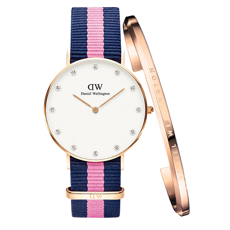 瑞典丹尼尔惠灵顿（Daniel Wellington）手表DW女表34mm表盘金色边尼龙带超薄女士石英表 粉色