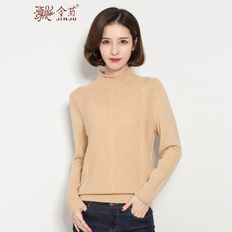 金菊新款女装冬季韩版修身毛衣长袖半高领针织衫纯羊毛麻花工艺羊毛衫 110/2XL 驼色
