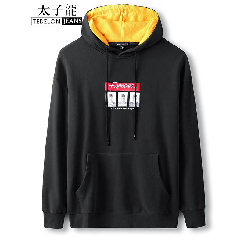 太子龙(TEDELONJEANS) 卫衣男 个性连帽韩版潮流套头字母印花多色修身外套 黑色 2XL