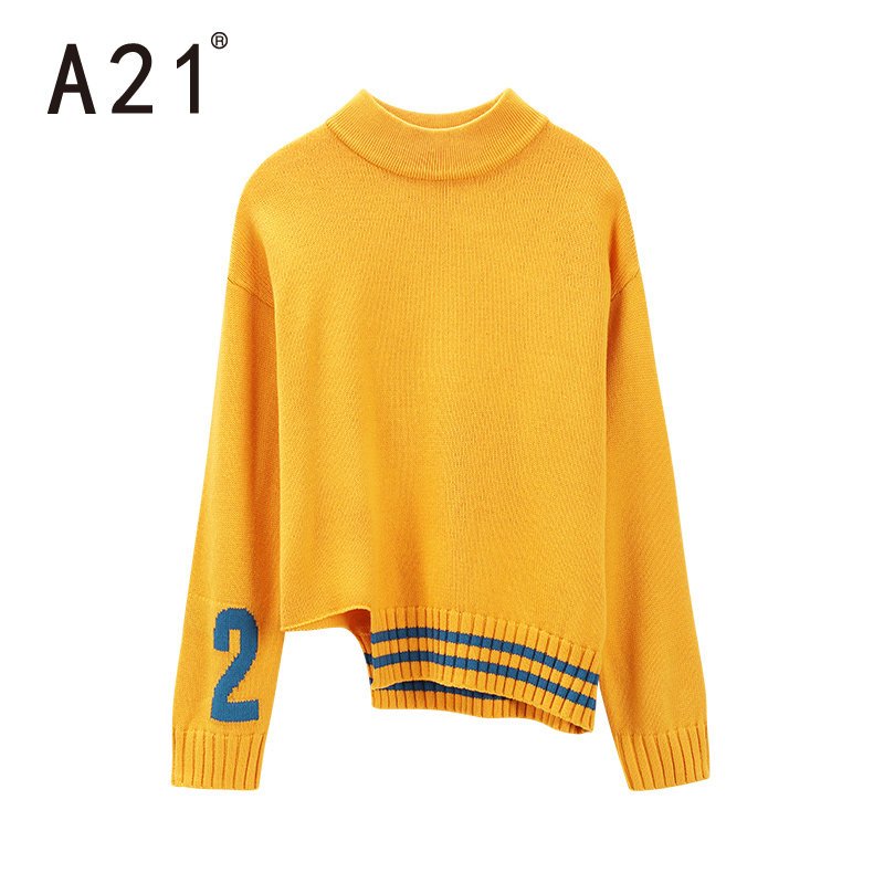 A21秋季i新款女装时尚撞色字母女毛衣宽松小高领落肩不规则套衫 155/80A/S 桔黄