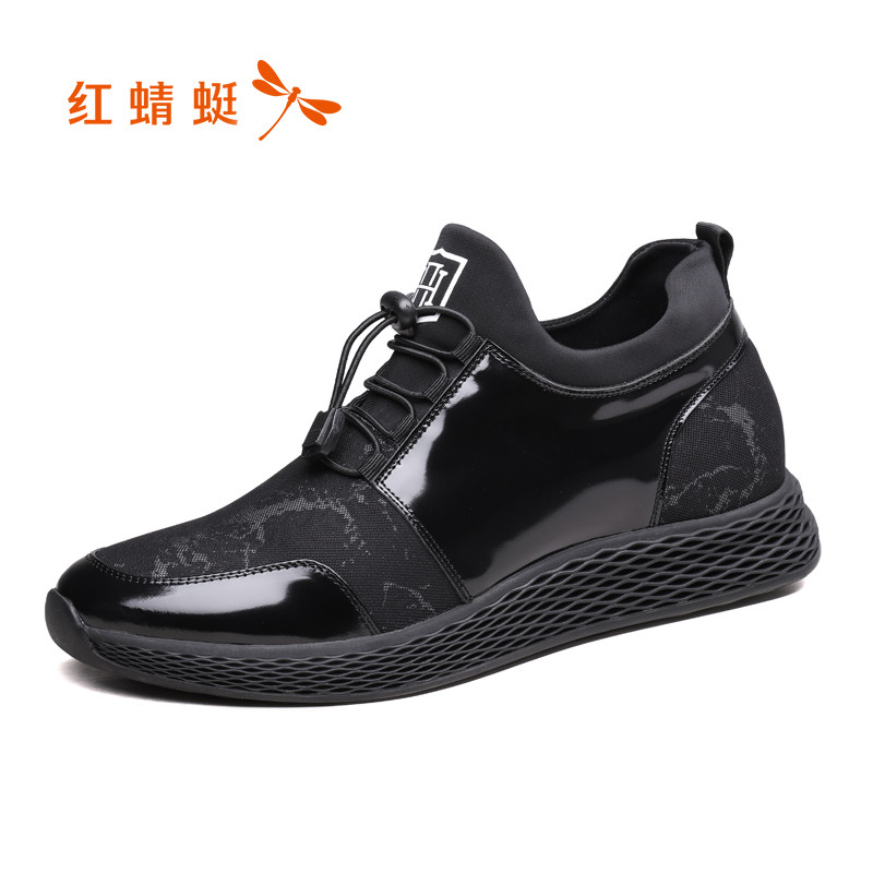 红蜻蜓男鞋2018秋季新款英伦时尚漆皮休闲鞋低帮真皮内增高板鞋男 黑色 42码